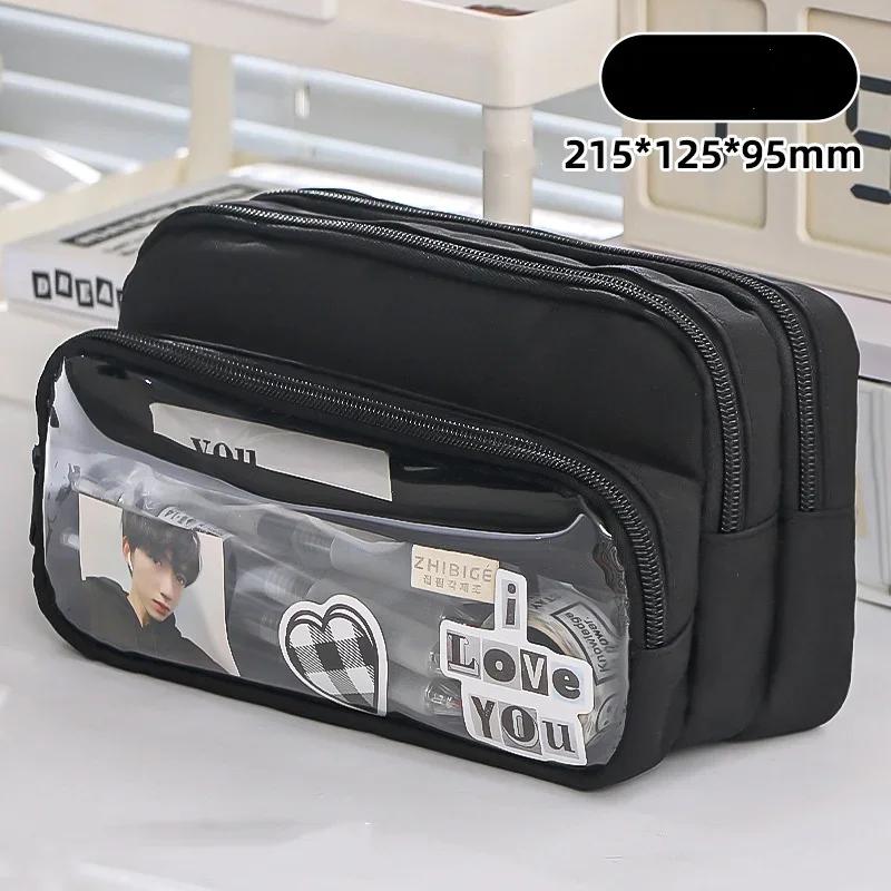 Chic Solid Color Pencil Case Korean Simplicity Transparent Pen Pouch Large Capacity Stationery Organizer Bag School Supplies