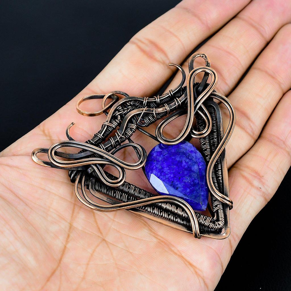 Blue Sapphire Pendant Handmade Gemstone Jewelry, 999 Copper Wire Wrapped Pendant ,Unique Design Jewelry Pendant