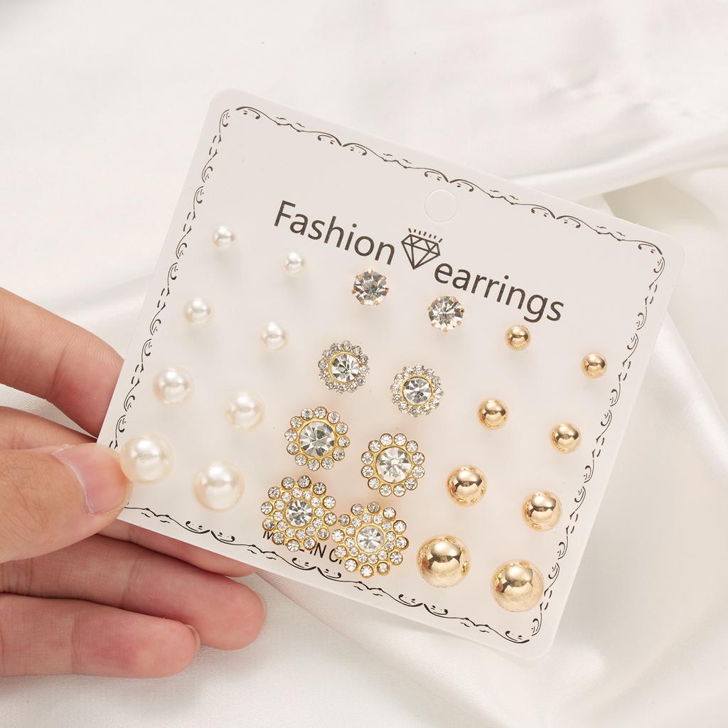 12 Pairs/Lot Heart Flower Earrings Set For Women Rhinestone Simulated Pearl Sun Star Stud Earrings Girls Party Jewelry Wholesale