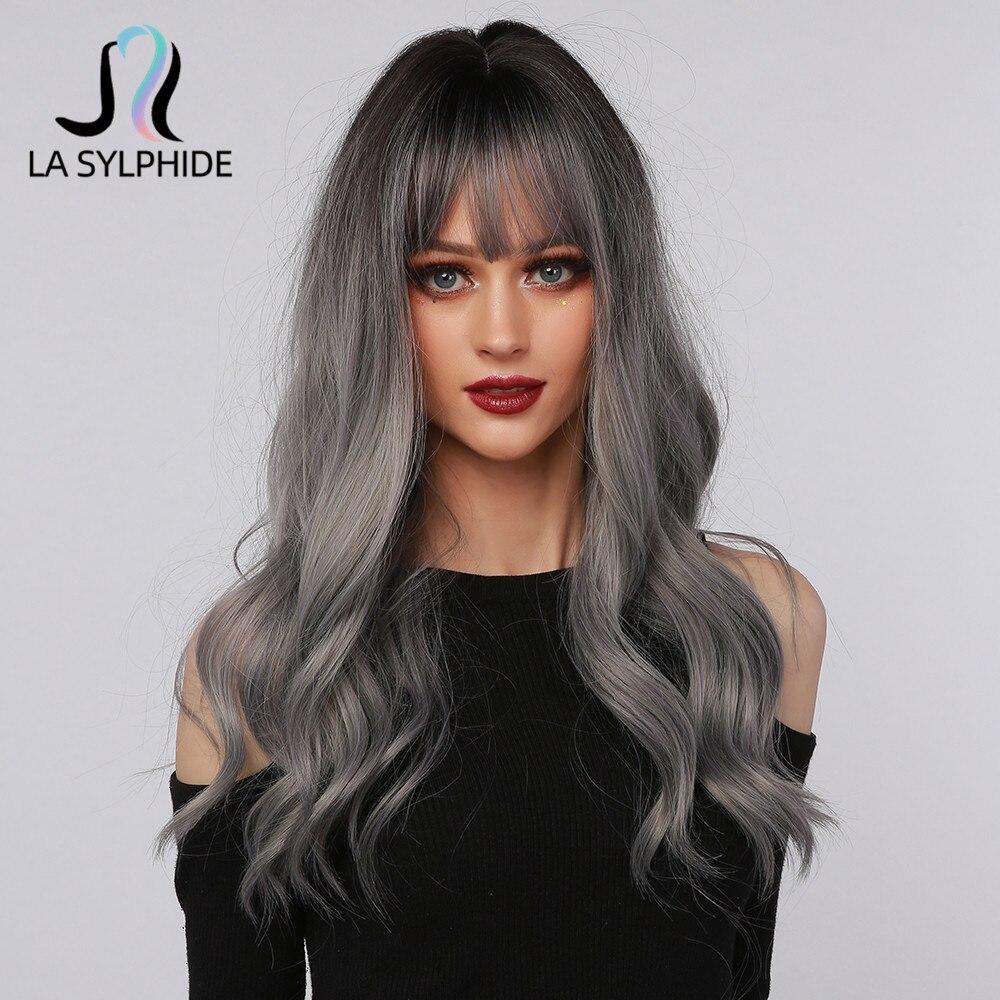 Хэллоуин Косплей Парик Длинные Природные Волны Корень Черный Омбре Серый Серебристый Синтетические Парики с Челкой для Женщин