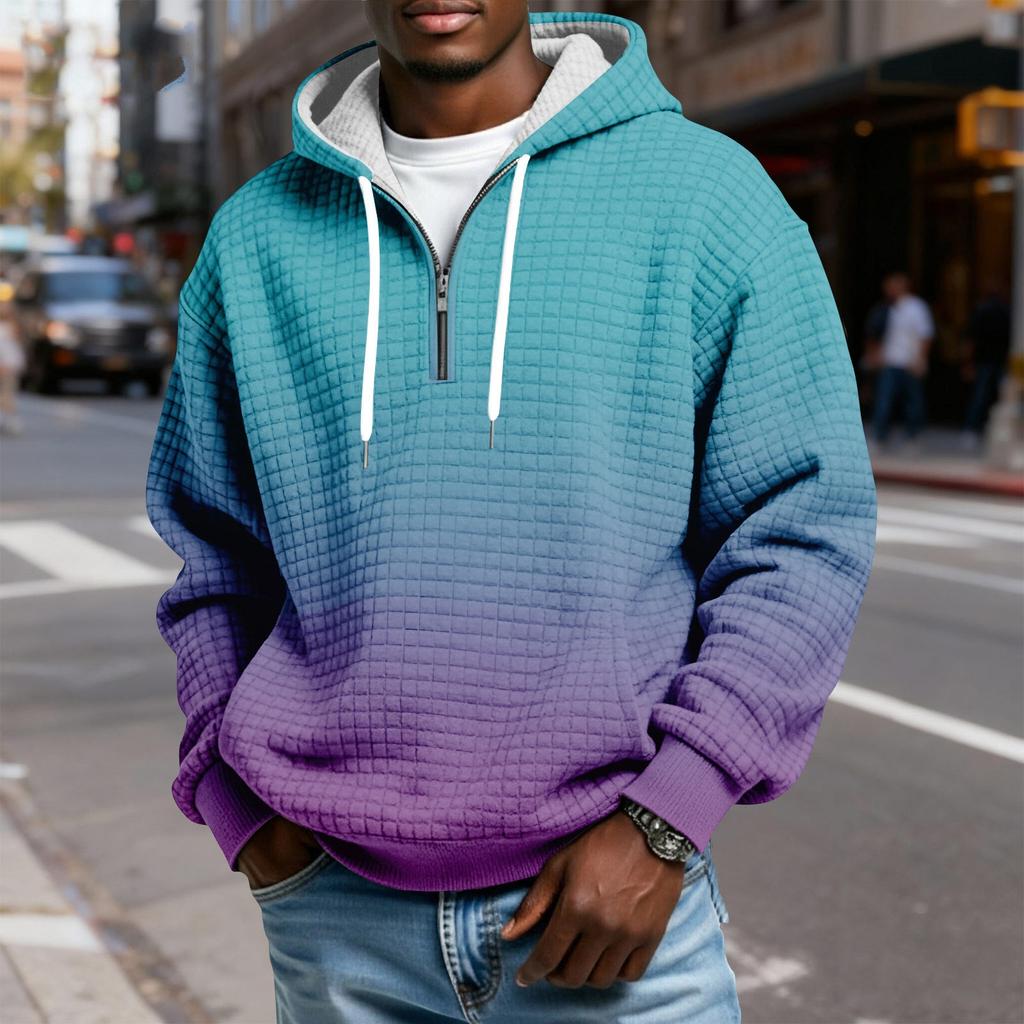 Мужской худи-пуловер в клетку с капюшоном на молнии до середины, со шнурком и принтом, повседневная спортивная толстовка