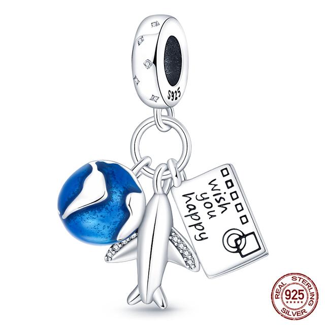 Подходит для модных оригинальных браслетов 925 пробы, серебро 925 пробы, серебро, синий, астронавт, самолет, подвески для путешествий, бусины, подвески для женщин, модные ювелирные изделия своими руками