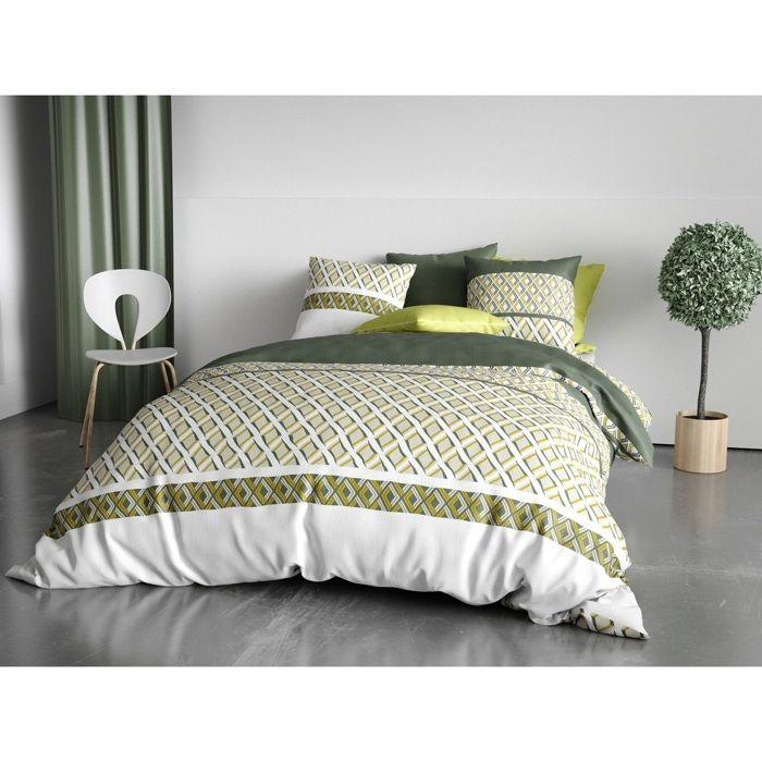 Housse de couette + 2 taies - Naya - 240 x 260 cm - Coton 100% - Motif géométrique vert