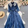 RUGOD Платье с французской талией и кружевной строчкой, джинсовое платье-рубашка на пуговицах с рукавами три четверти, чувство маленького темперамента