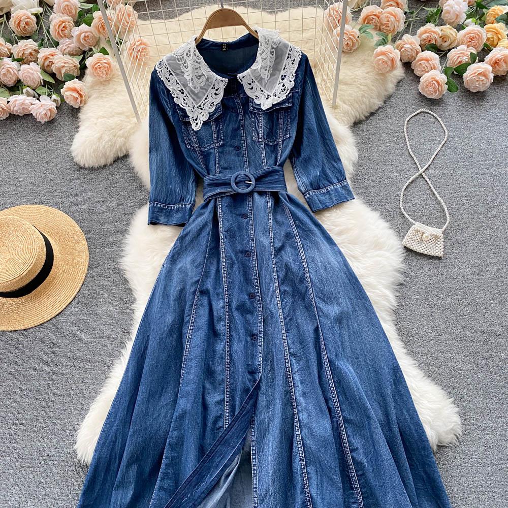 RUGOD Платье с французской талией и кружевной строчкой, джинсовое платье-рубашка на пуговицах с рукавами три четверти, чувство маленького темперамента