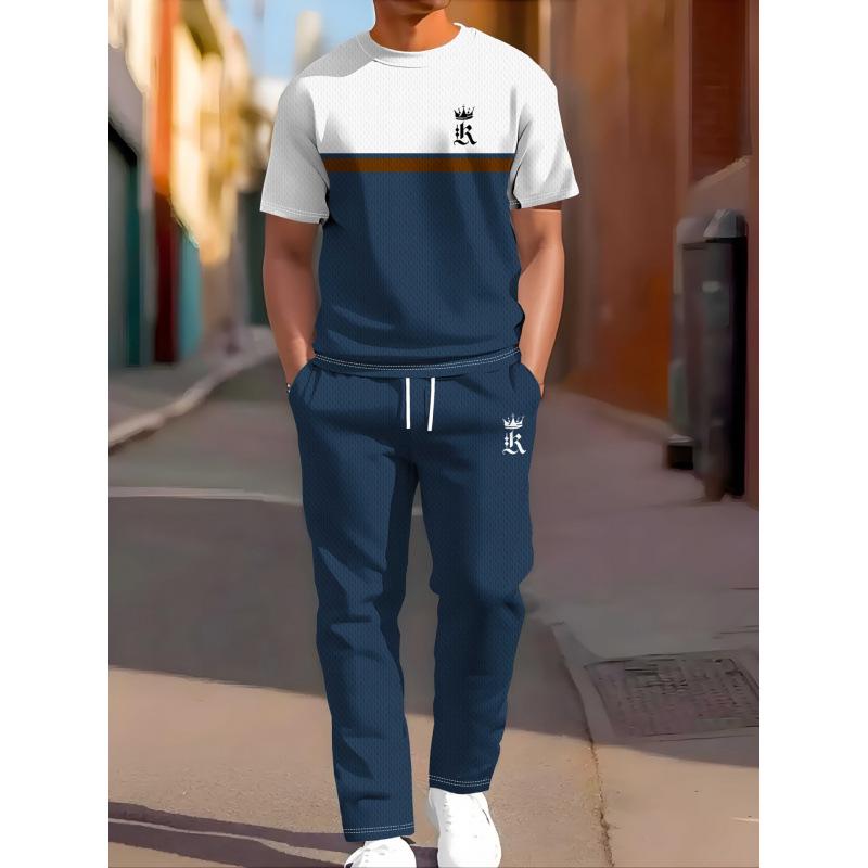 European & American Casual Sports Printed Two-piece Set: Short-sleeve Long Pants