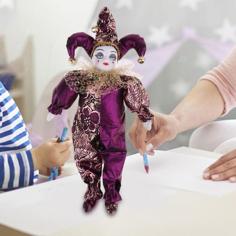 Подвижная конечность Керамическая статуэтка клоуна с тканевым нарядом ручной работы Праздничное украшение Коллекционная фигурка куклы-клоуна