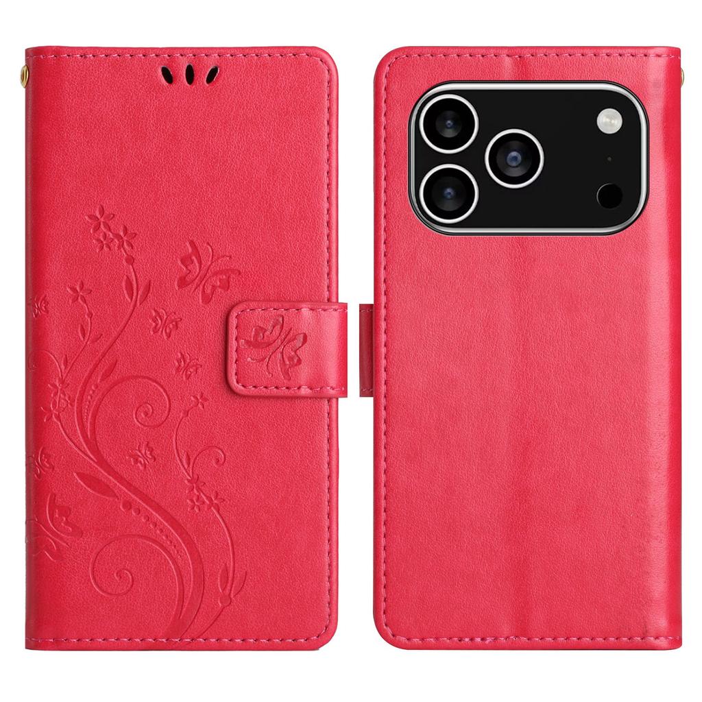 For iPhone 17 Pro Leather Wallet Case Butterfly Flower Imprinted Phone Cover with Strap