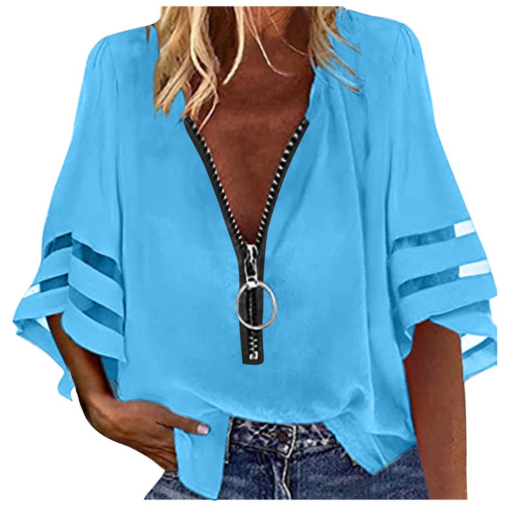 Women's Fashion Solid Colour Casual Loose Mid Sleeve Patchwork T-Shirt Top