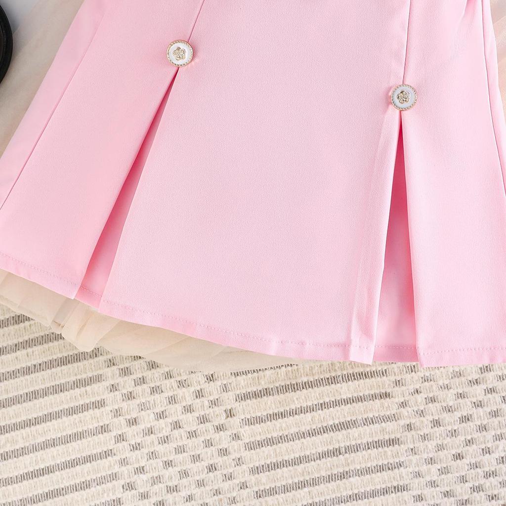 2PCS Girls 3D Flower Beaded Cami Top & Button Skirt Set, Casual Summer Two-Piece Outfit