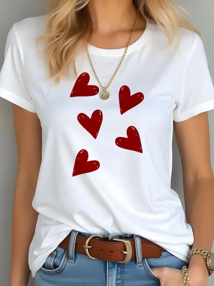Women Heart Print T Shirt Multi Styles Love Graphic Tees Summer Soft Cotton O Neck Short Sleeve Casual Loose Daily Tops Ladies