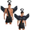 One Shoulder Strap Angel Costume Men S-3XL - 3-Piece Halloween Cosplay Set with Ruffle Skirt, Feather Wings and Hair Hoop