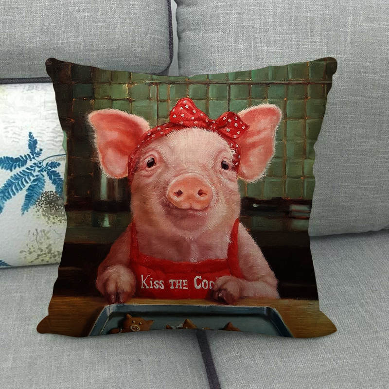 Oil Painting Of Animals - Pigs And Sheep Digital Printing Short Plush Pillow Covers For Car Sofa Office Cushion Cover Home Goods