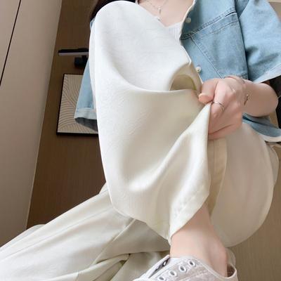 Новые китайские брюки палаццо для женщин на лето Новые завышенная талия Слимминг Повседневные Уксусная кислота Подметающие пол Ледяной шелк Китайский стиль