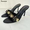 Fashion Luxury Rhinestones Metal Flowers Decor Women Slippers Sandals Summer Elegant Thin High Heels Mules Slides Fashion Party Shoes