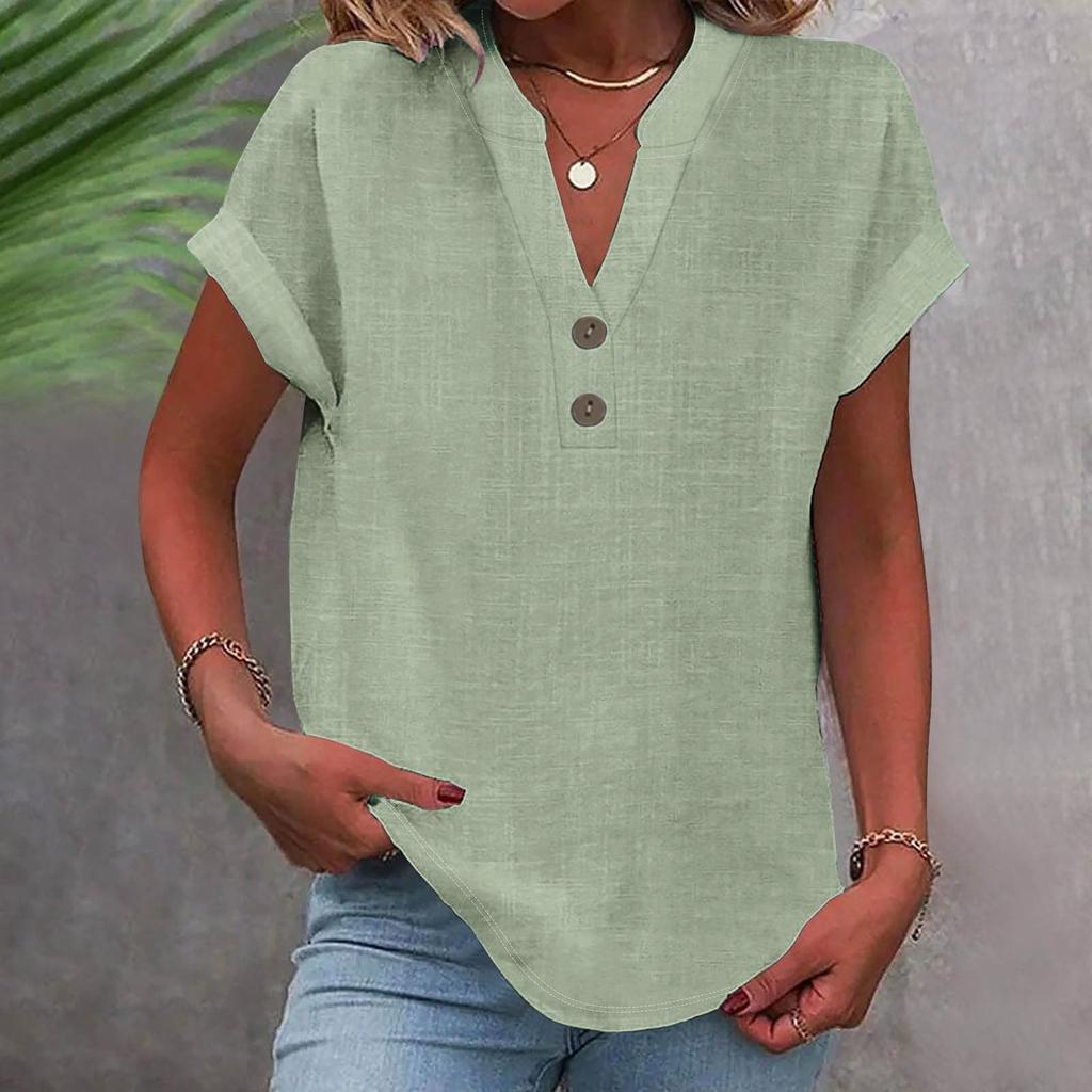 Women's Fashion Casual Solid Colour V-Neck Short Sleeve Button Down Shirt T-Shirt Top