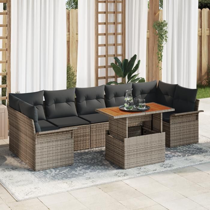 VidaXL Ensemble de canapé de jardin 8 pièces avec coussins Gris Poly Rotin Acacia 3349299