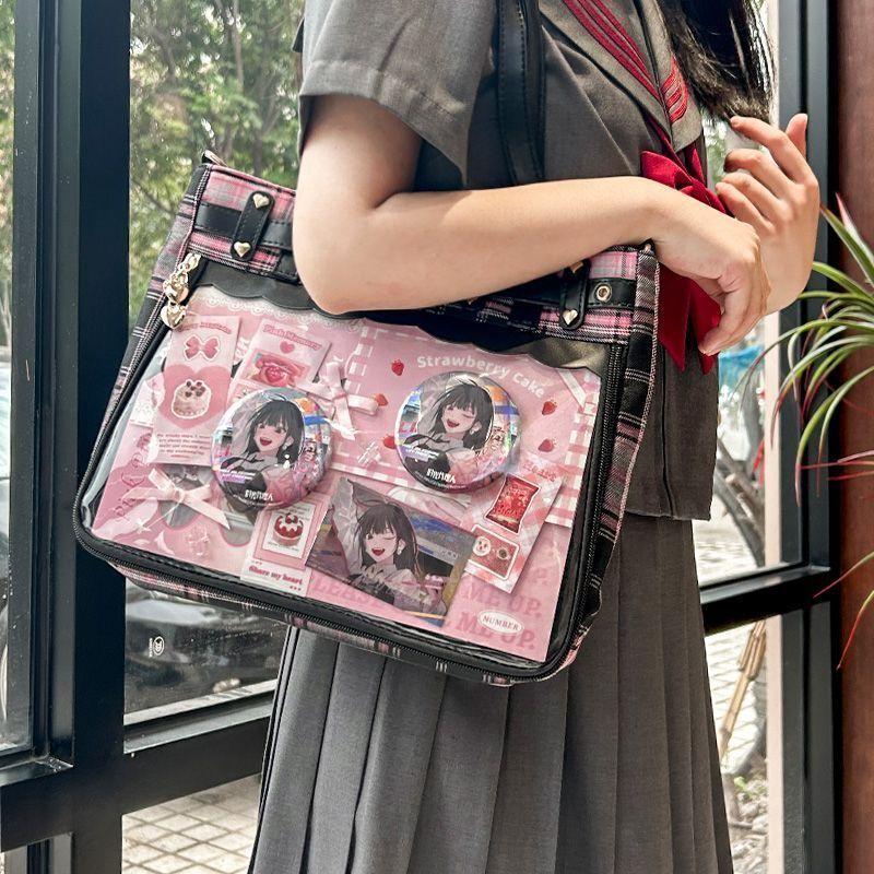 Women Fashion Checkered Pattern Retro Ita Bag Cute Girl Transparent Large Capacity Tote Bag New Shoulder Bag DIY Display Handbag