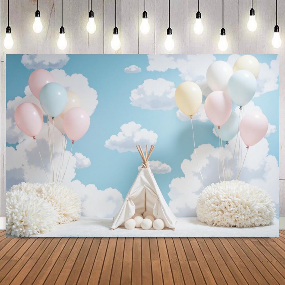 Cute Doll Bear Theme Backdrop Blue Sky Soft Cloud Hot Air Balloon Newborn Baby Shower Birthday Party Decor Photo Background10