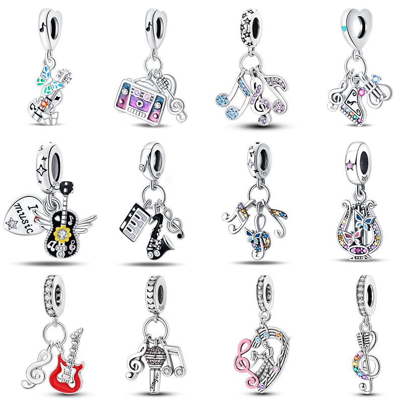Romantic Music Charms Beads 925 Silver Piano Violin Red Guitar Punk Saxophone Pendants Fit Qikaola Bracelet DIY Jewelry