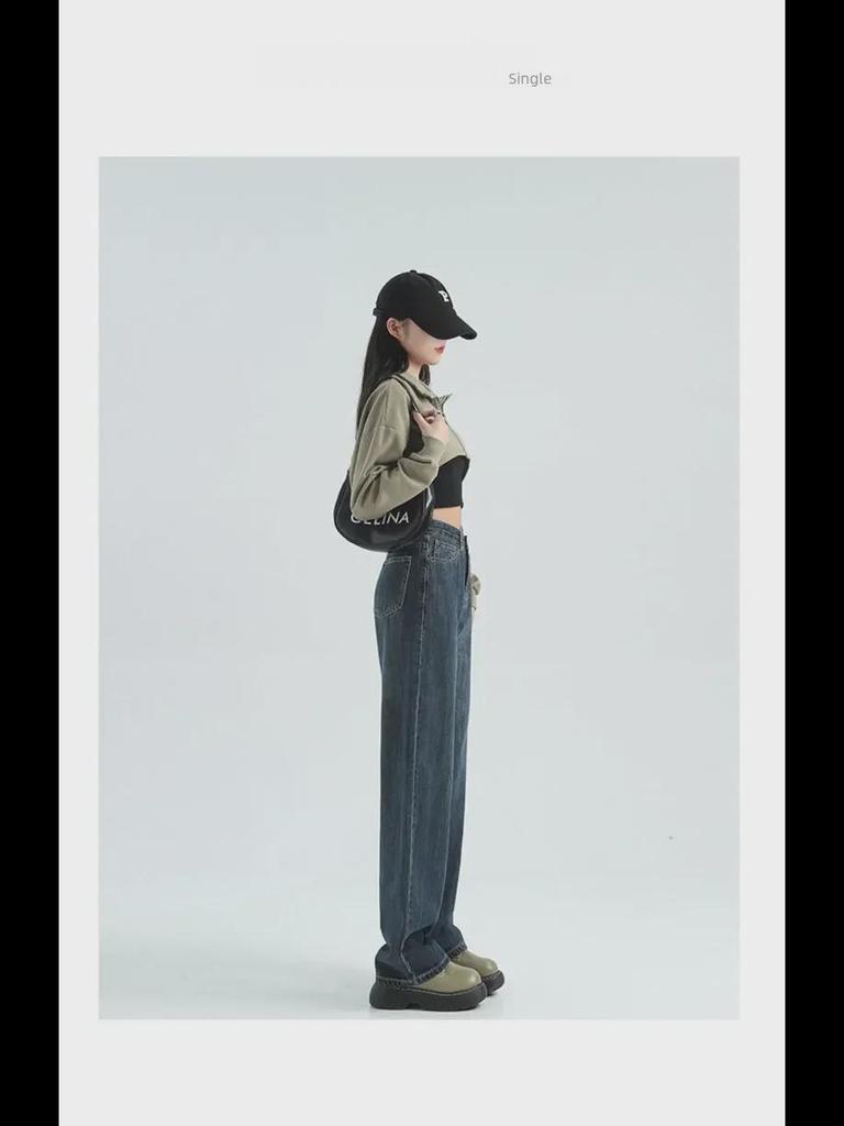 Женские джинсы широкого кроя сине-серого цвета с высокой талией, маленького размера, длиной до пола, с нестандартной косой пряжкой, идеально подходят для весны и осени.