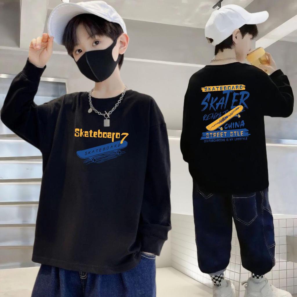 100% Pure Cotton Boys' Long-Sleeve Round Neck T-Shirt for Autumn - Loose Fit Kidswear