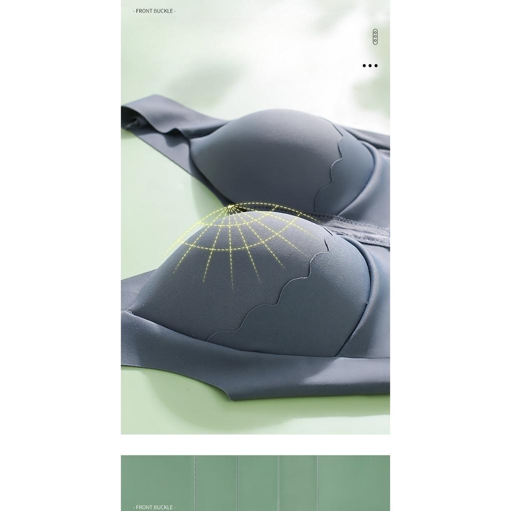 Women's Solid Front Button Bra with Shell Pattern Splicing Decoration Integrated Wide Shoulder Straps, Non Removable Bra Pads Without Steel Rings