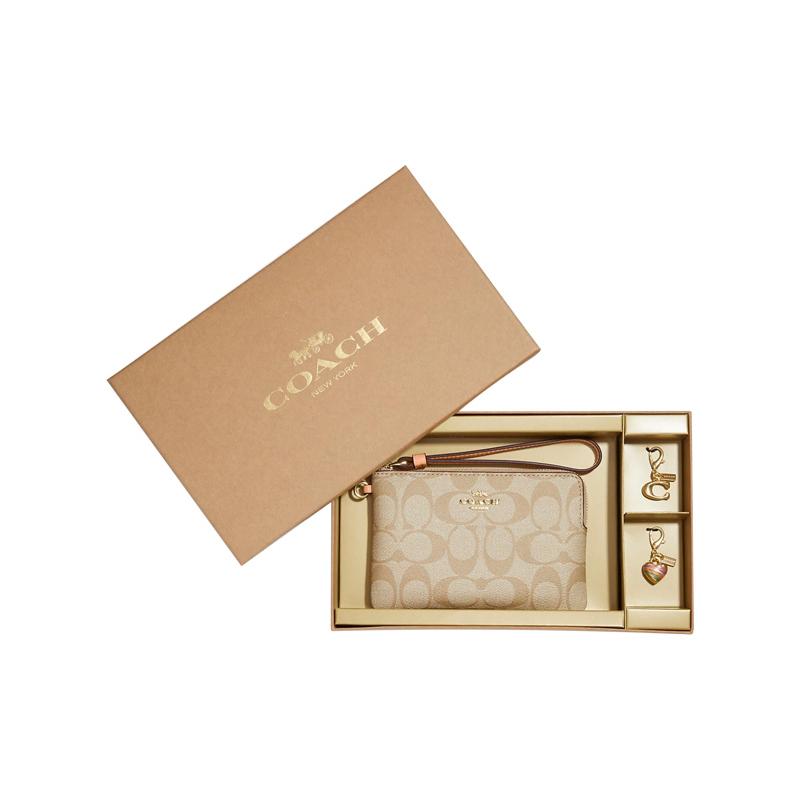 Coach В подарочной коробке 16 Классических для пресбиопии на молнии Подарочная коробка Покрытый холст с кожаной сумкой на запястье Клатч Обычная женская Хаки