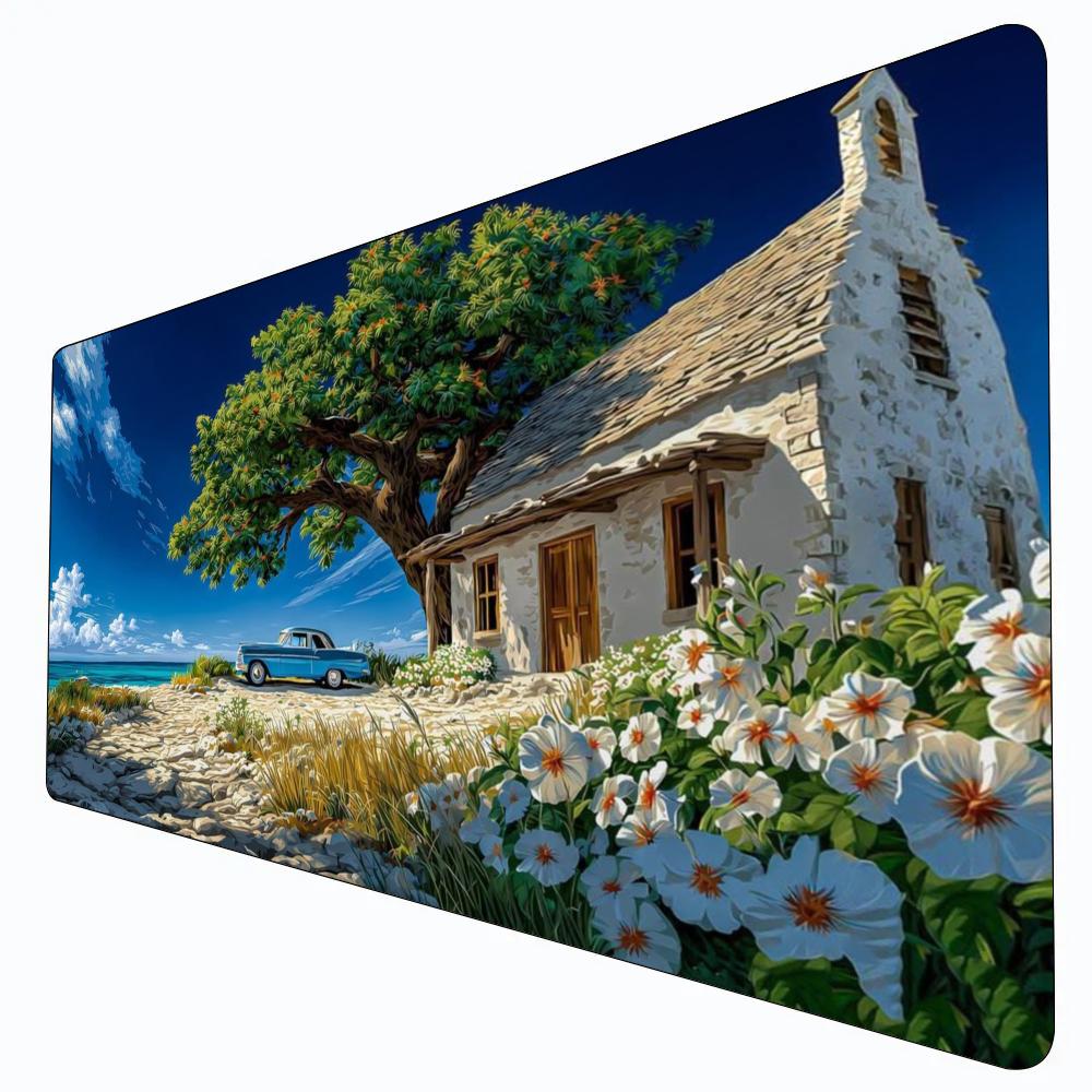 Mediterranean Coastal Scene Mouse Pad Stone Cottage Retro Blue White Flowers Seaside Big Tree AntiSlip Rubber Gaming Desk Mat