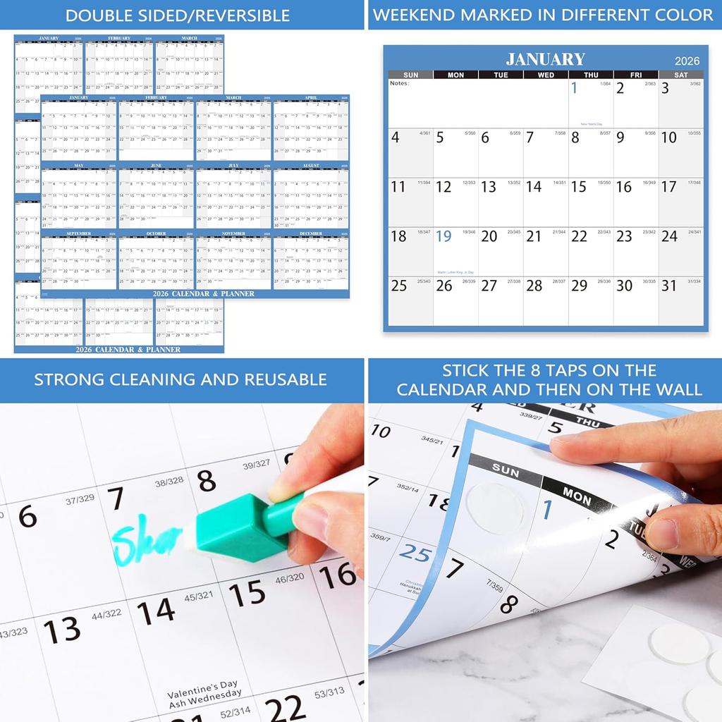 2026 Dry Erase Calendar for Wall - 2026 Calendar Dry Erase, Yearly Wall Calendar, 48" x 32", Jan.2026 - Dec.2026, 2026 Wall Calendar Dry Erase, Large