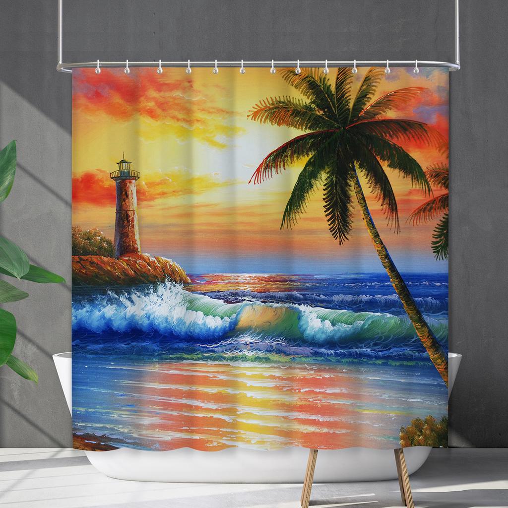 Shower Curtain Waterproof And Mildew-Proof Coconut Tree Beach Beach Bathroom Shower Curtain Shower Curtain Partition Curtain Free Punching