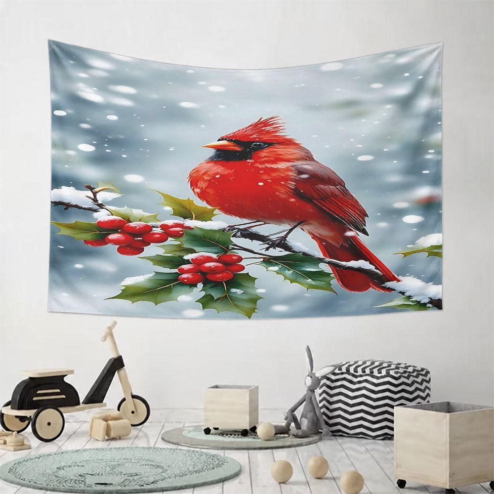 Red Cardinal on Snowy Holly Branch Pattern Wall Hanging Tapestry Decorative Tapestry Home Decor for Bedroom and Living Room