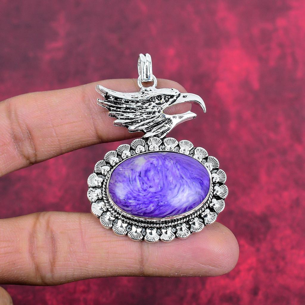 Подвеска из драгоценного камня чароит ручной работы, 925 пробы, серебряная подвеска, антикварная бижутерия, для подарка на помолвку