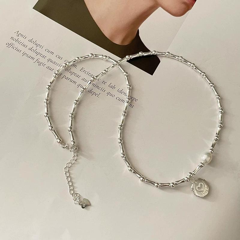 FY-9SL11 S925 Sterling Silver Korean-Style Bamboo Joint Heart-Shape Pearl Bracelet Necklace Set Fine Chain Link Bracelets