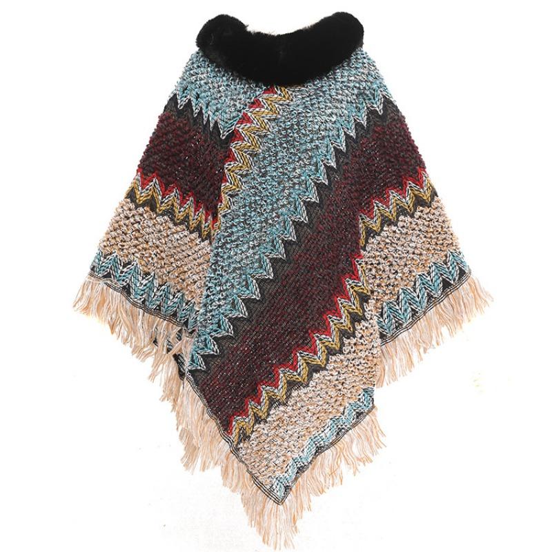 Цветной этнический стиль пуловер накидка женская меховой воротник женская вязаная накидка теплая осенне-зимняя шаль