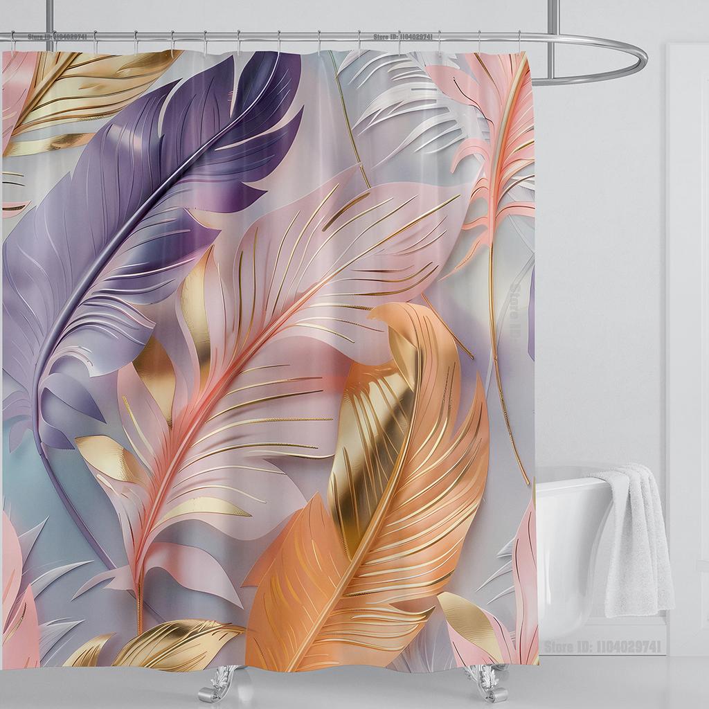 3D Feather Shower Curtain Set Colorful Printed Design Fabric Bathroom Decoration Waterproof Washable Shower Curtain with Hooks