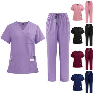 Набор медицинских скрабов, костюм из 2 предметов, функциональные скрабы для медсестер, врачей, топ с v-образным вырезом, брюки для бега, комплект униформы для больничного персонала с 9 карманами