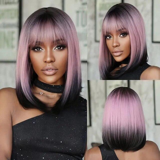 Purple Pink Ombre Black Short Straight Synthetic Wigs with Bangs Bob Wig for Women Daily Cosplay Party Heat Resistant Fake Hairs