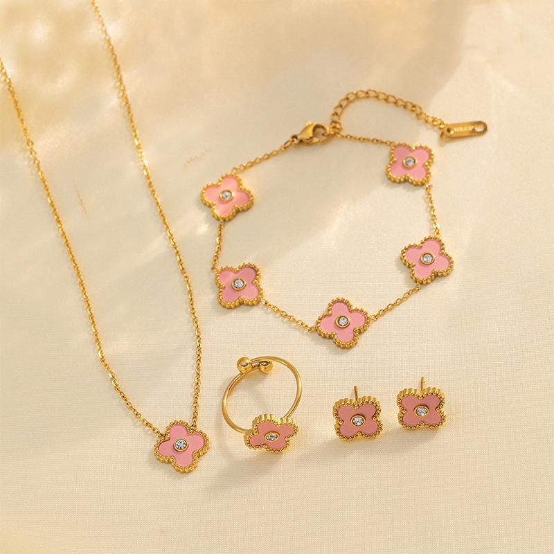 4шт 18K Lucky Clover браслет ожерелье серьги кольцо комплект