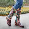 Genuine Leather Women Shoes Fashion Printed Colorful Spliced Lace Up Thick Heel Mid-calf Boots