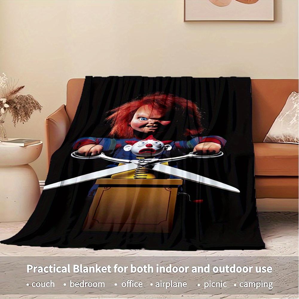 For Chucky,Horror Doll,Scissors-Themed Flannel Blanket, Glam Style, Digital Print, All-Season Comfort, Tear-Resistant, Knitted Craftsmanship