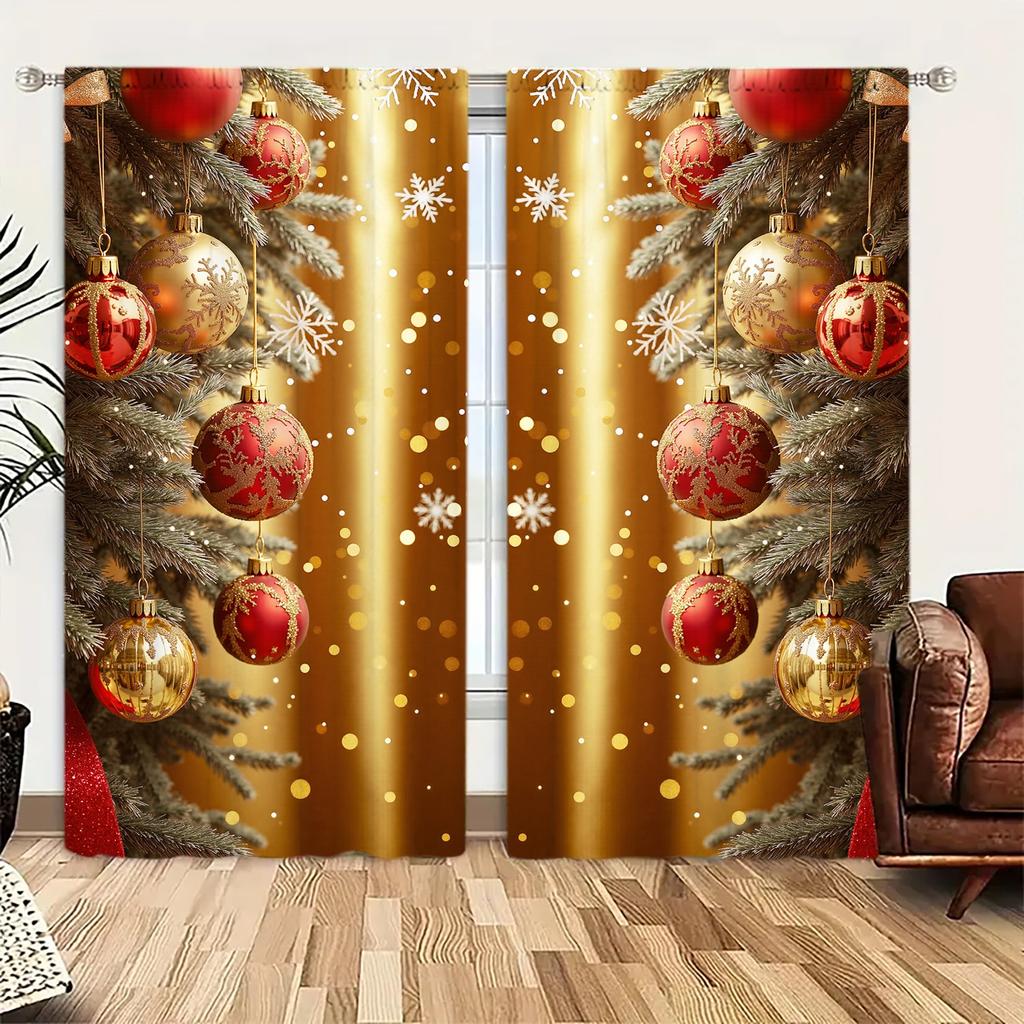 2pcs Christmas Ball Printed Curtain for Christmas Home Decor - Rod Pocket Window Treatment for Bedroom,Office,Kitchen