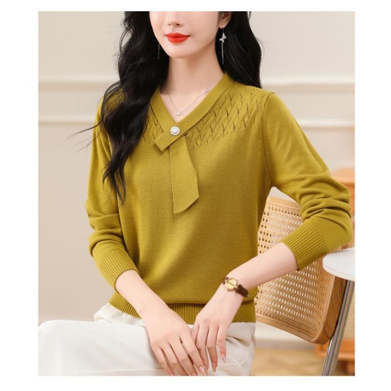 Autumn Winter V-neck Hollow Out Scarf Pullover Knitting Top Women Long Sleeve Solid Casual Bottomed Sweater