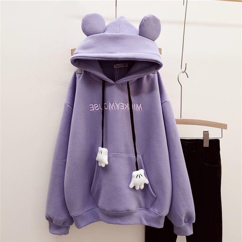 Autumn Winter Girls Hoodies Cute Bear Ears Printing Letter Long Sleeve Sweatshirt Children Fleece Thick Pullover Tops