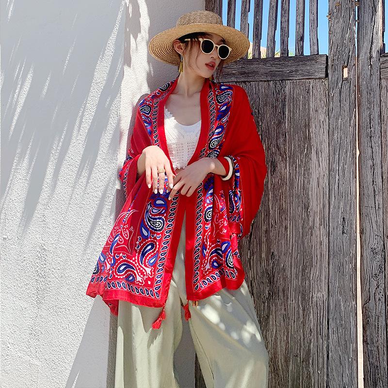 Red print ladies spring autumn summer outdoor sunshade sunscreen shawl scarf silk scarf travel photo shawl tassel