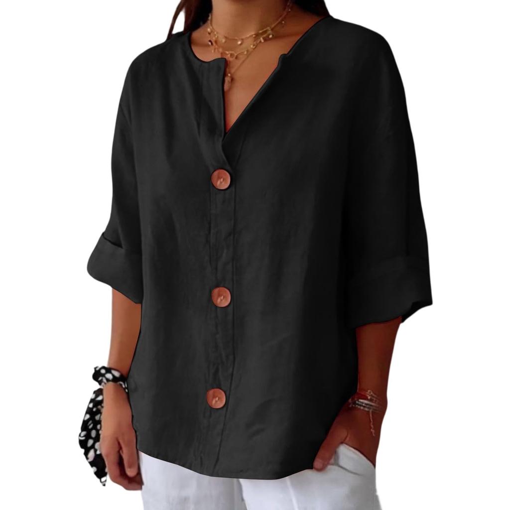 Women's Fashion Casual V-Neck Buttoned Seven Sleeve Cotton Linen Top
