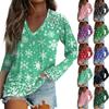 Женская повседневная мода снежинка напечатанный винтажный повседневный принт длинный рукав V-образный вырез пуловер топ блузка