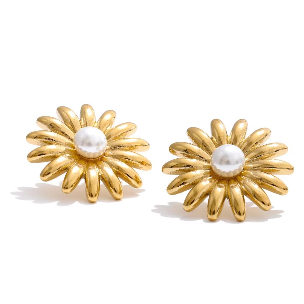 Yhpup Imitation Pearl Sunflower Adjustable Ring Fashion Popular Stainless Steel Chic Women Jewelry Gold Platinum PVD Plated