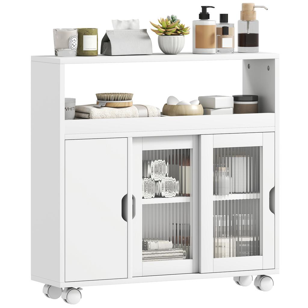 Wooden Bathroom Cabinet on Wheels with Open Space, Adjustable Shelves and Glass Doors, 71x20x70 cm, White