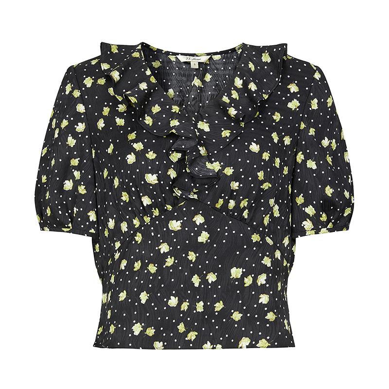 JUZUI elegant temperament lotus leaf V-neck printed top women's summer new item